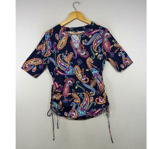 Boho Beach‎ Lands' End Womens S Navy Blue Paisley Ruched Side Tie Swim Tee Shirt